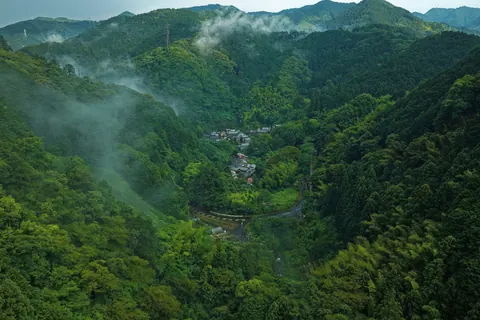 霧の立つ山あいの集落を俯瞰した風景